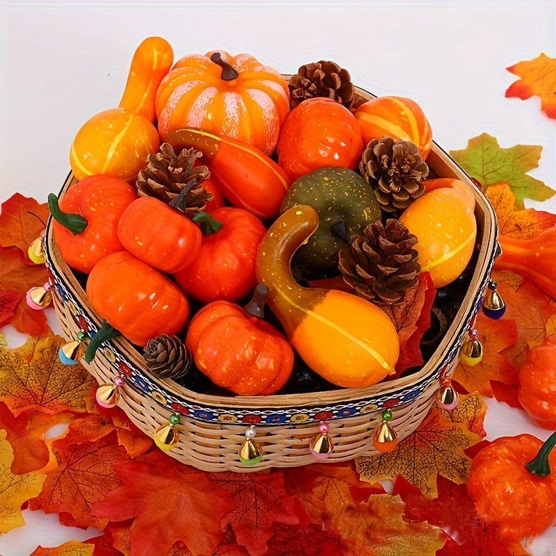 48-piece Autumn Harvest Decor Set featuring artificial pumpkins, gourds, acorns, maple leaves, and pinecones for Thanksgiving, Halloween, and wedding accents. Perfect for fall home decor.