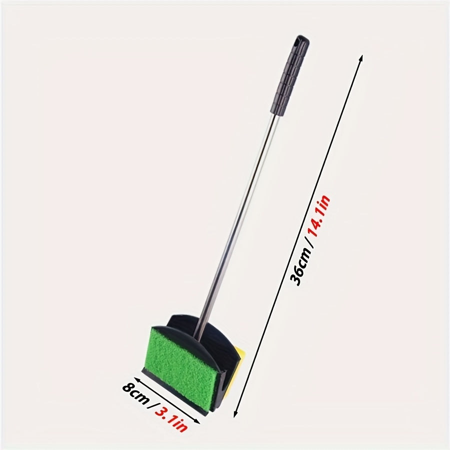 Long-handled dual-sided aquarium cleaning brush with stainless steel algae scrubber for fish tank walls and water.