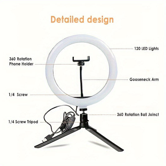 25.4 sm USB quvvatlangan LED halqa chirog'i, sozlanadigan rang harorati, 120 LED, 360° aylanuvchi gooseneck, tripod stendi va video blog yuritish, fotografiya va jonli efir uchun telefon ushlagichi.