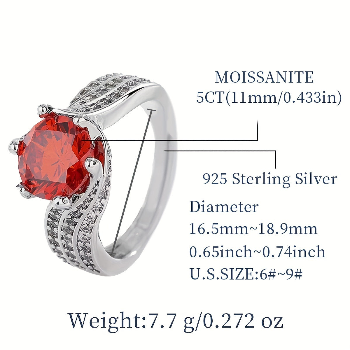 925 Sterling Silver Wide Ring with Inlaid Rare Red Moissanite, perfect for important occasions. This exquisite piece of light luxury jewelry is designed for females and comes with a certificate and box.