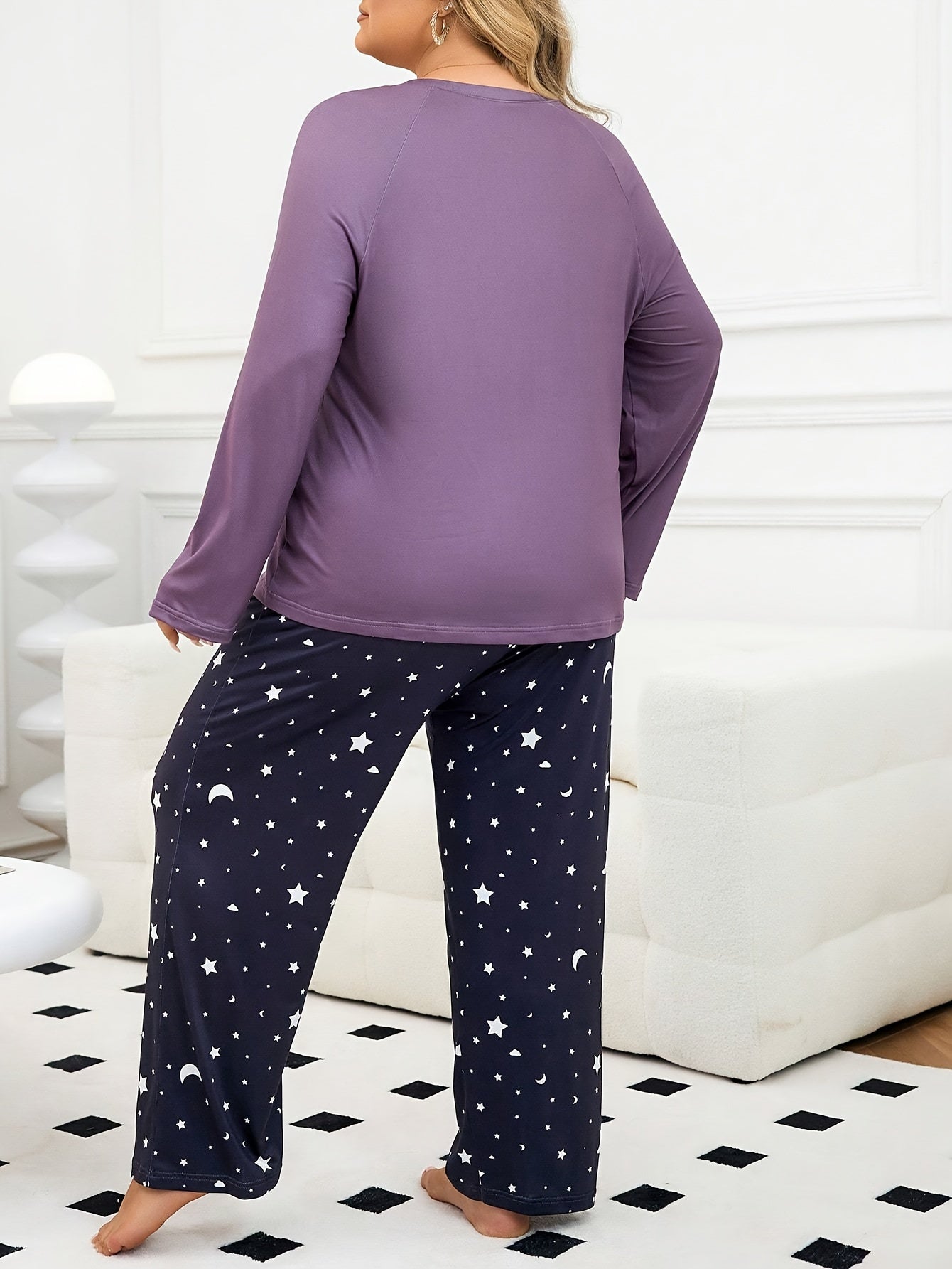 Purple two-piece set with moon pattern for summer and autumn, includes long-sleeved pants and cartoon print pajamas, great for home and outdoor wear, casual and comfortable for plus size