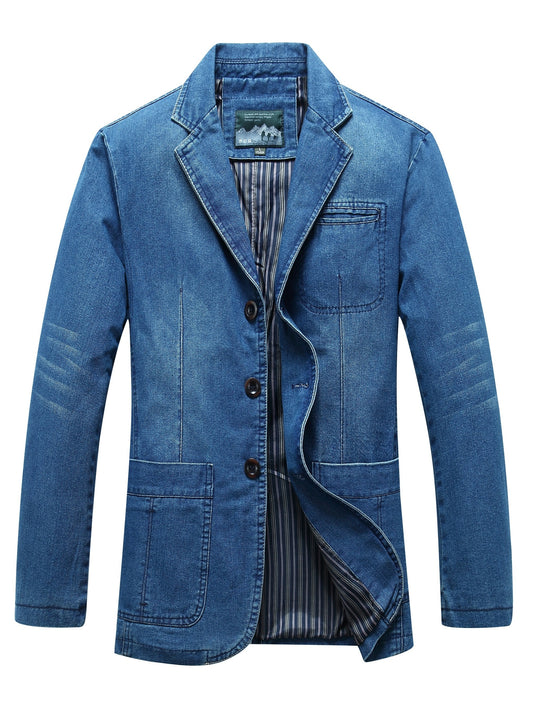 Men's denim blazer with single-breasted, lapel collar, loose fit, polyester lined, and patched details. Made of 86% cotton, 7.9% polyester, 2.8% viscose, and 3% lyocell. Ideal for