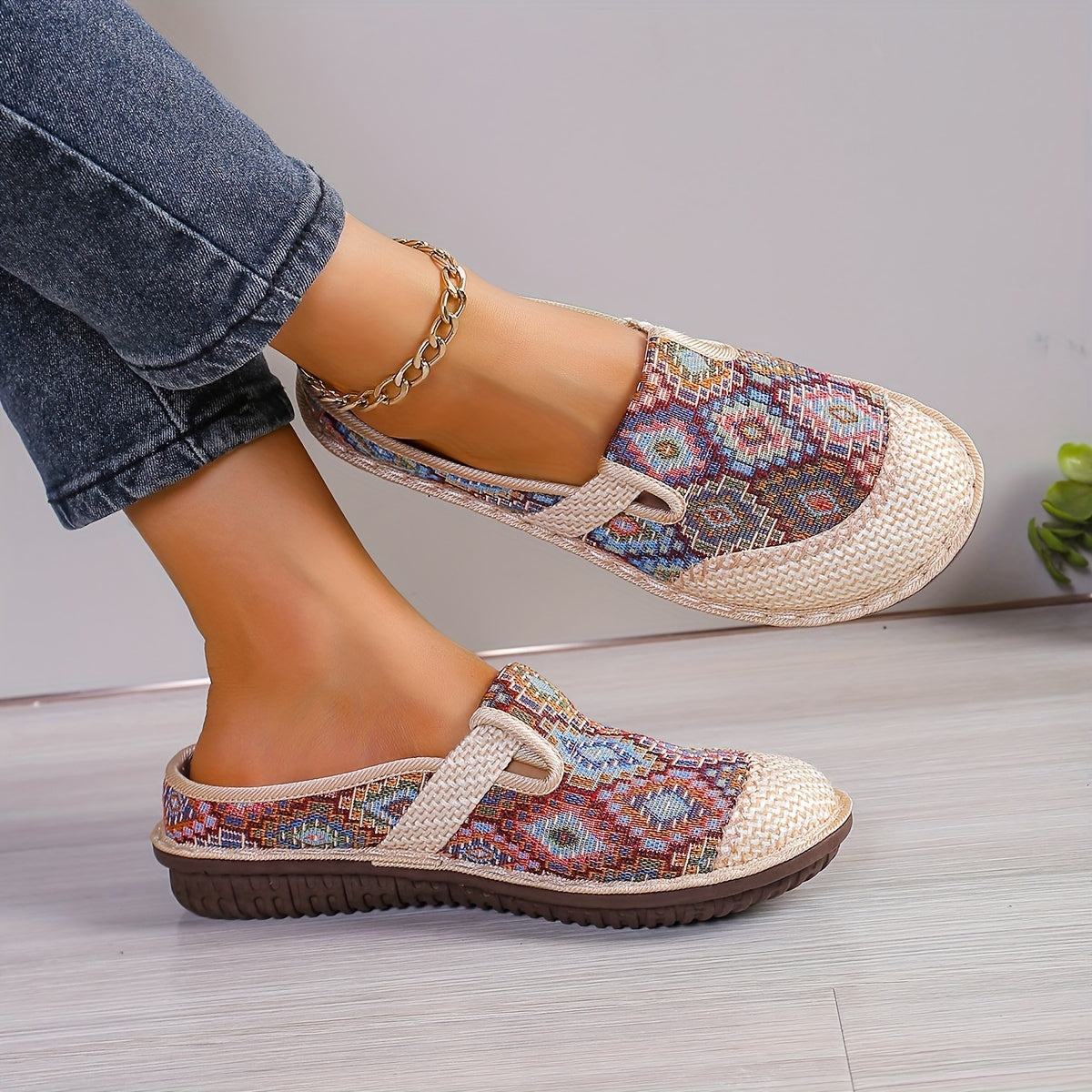 Geometric Closed Toe Mules for Women, Round Toe Non-slip Linen Cloges