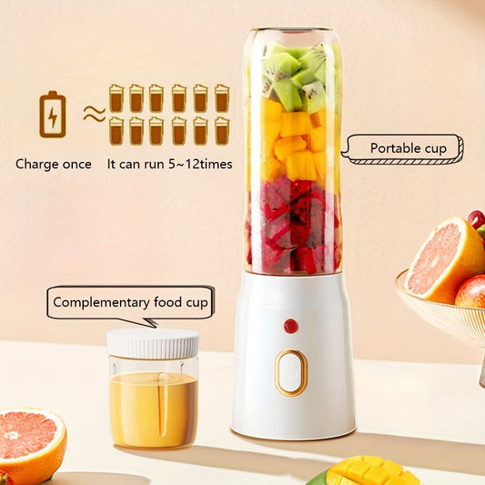 Portable USB charging juice cup with double cup option, blender, and optional juicer. Ideal for students and home use, this multifunctional juicer also doubles as a complementary food cup. Package includes 3 pieces.