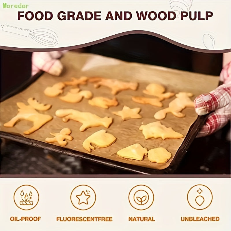 50 pre-cut unbleached parchment paper baking sheets, 22.86x33.02 cm, for various cooking methods including baking, grilling, air frying, steaming, and deep frying.