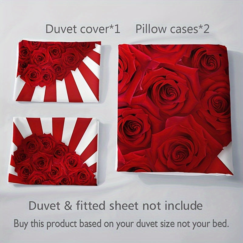 Set the mood with this romantic Red & White Rose Floral Print Bedding Set featuring 3 pieces - 1 Duvet Cover and 2 Pillowcases. Made from breathable polyester, this set offers all-season comfort with a high-definition print perfect for adding flair to