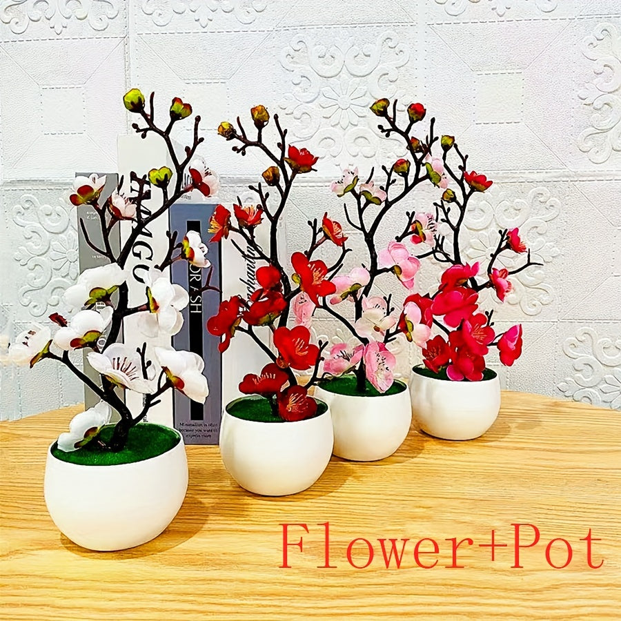 Artificial plum blossom bonsai for home or office decor, lifelike potted fake flower plant.