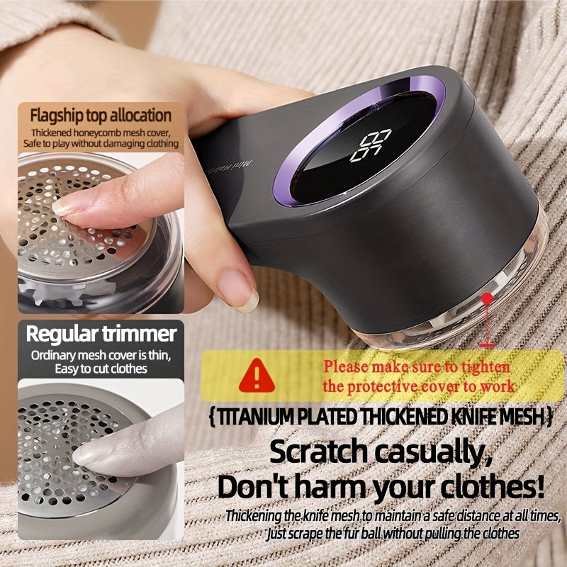 Lint remover ball, rechargeable via USB, fabric shaver/trimmer, power display, ideal for home, travel, and grooming.