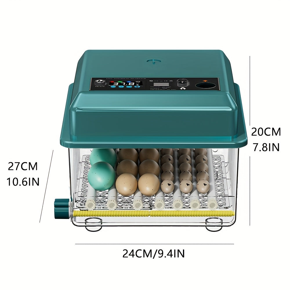 16-egg automatic incubator with auto turn, humidity control, adjustable spacing, pulse heat, cold light turning, Celsius display. Ideal for various eggs including duck, pigeon, bird, quail