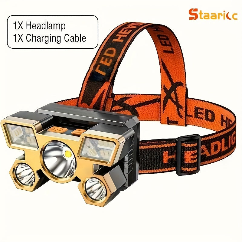 Staaricc 2/1 Pack Rechargeable LED Headlight with 5-Head and 4 Modes is a portable and water-resistant flashlight for outdoor activities.