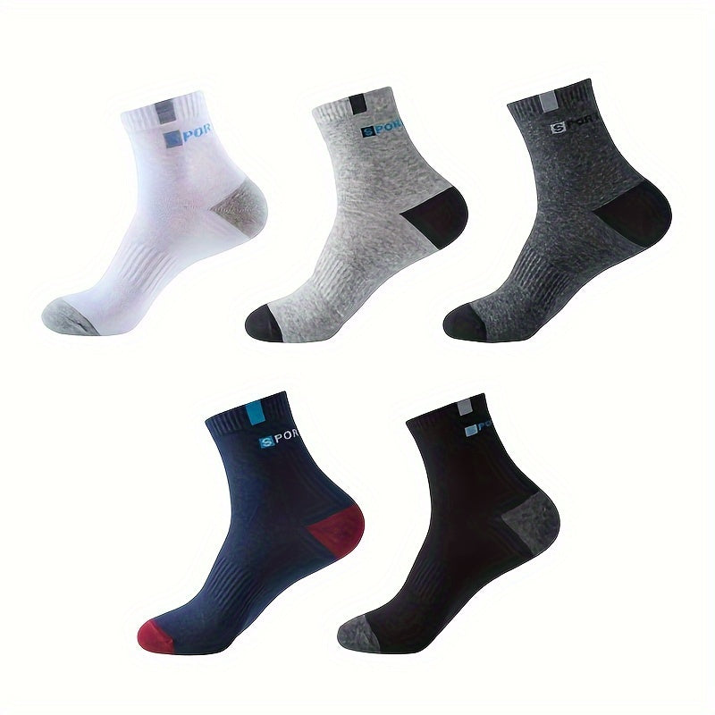 Men's athletic socks with stylish lettering, high elasticity, and moisture-wicking polyester blend. Suitable for running and outdoor sports in black, gray, white, blue, and navy options.