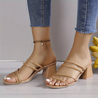 Chunky heel sandals with square toe and slip-on design for women, perfect for casual summer wear.