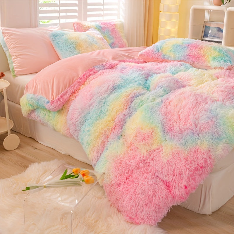 Y2K Tie Dye Plush Duvet Cover Set includes 3 pieces (1 Duvet Cover + 2 Pillowcases), providing soft and warm bedding.