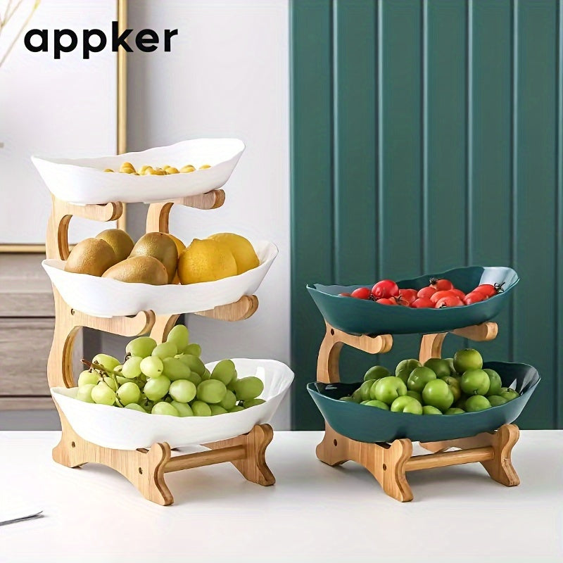 Plastic serving tray set for fruit, snacks, candy, and cake in 2-tier and 3-tier options for home, restaurant, and hotel use.