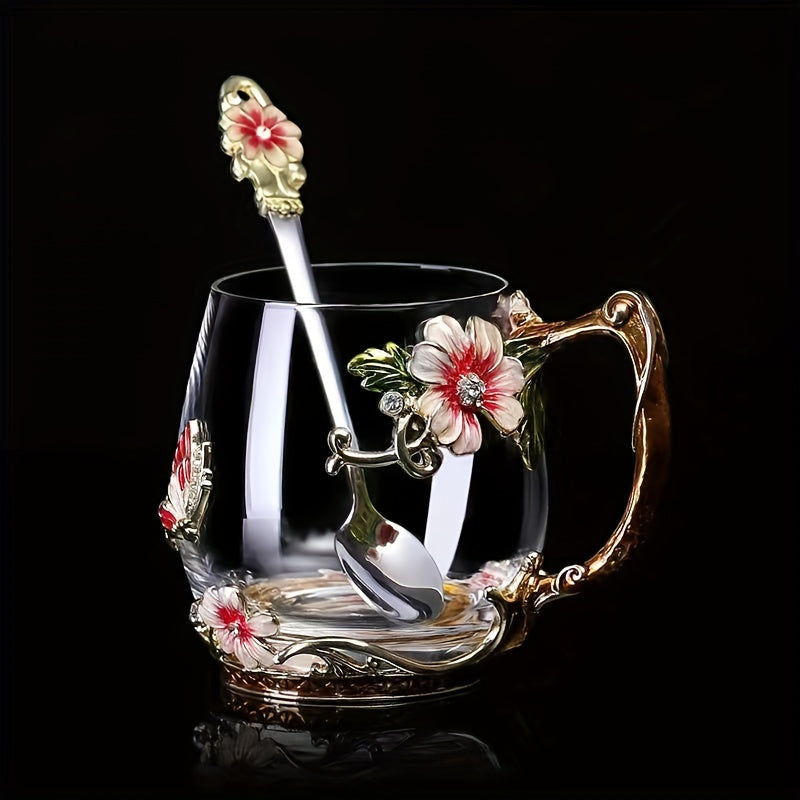 Enamel floral glass tea cup set, ideal for home, office, and parties. 320ml/350ml, reusable and high-quality. Perfect for breakfast, milk, and juice. Great gift idea.