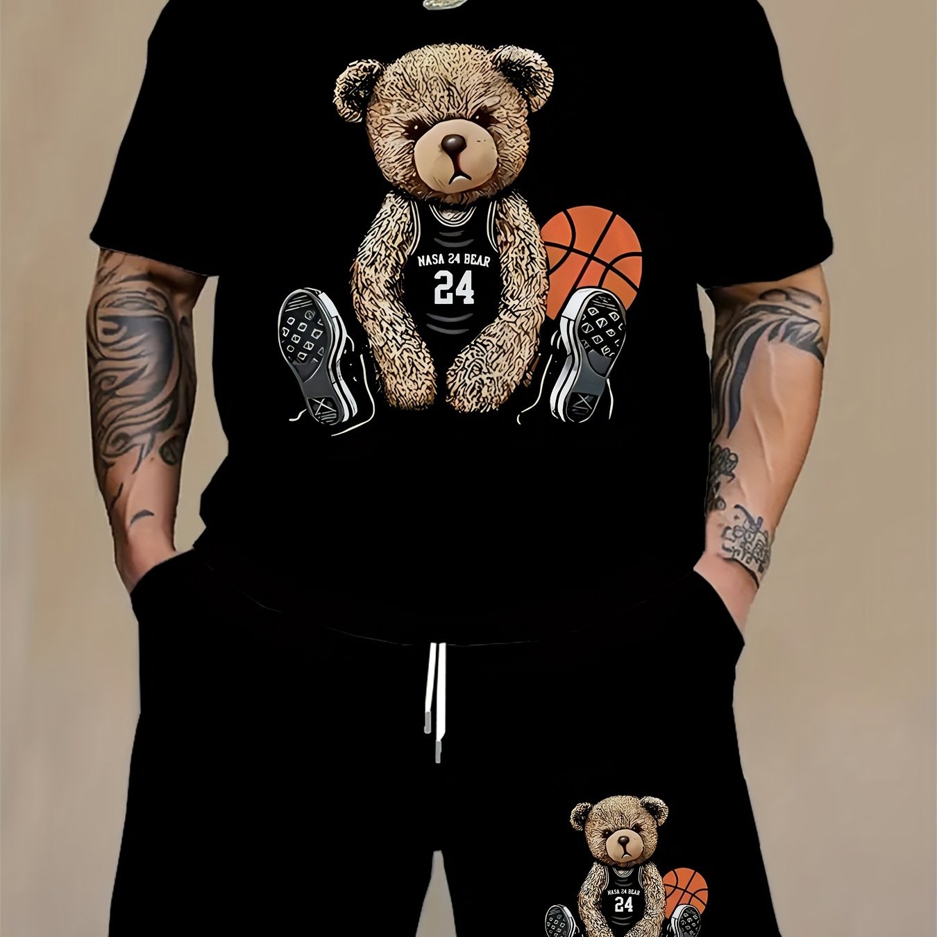 Plus size men's bear graphic tee and shorts set for summer outdoor sports, trendy casual 2-piece outfit.