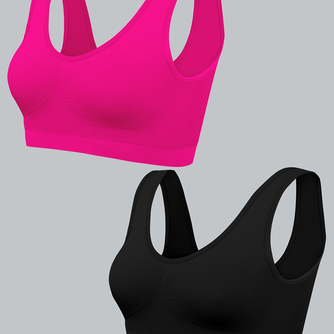 Two women's seamless, high elasticity sports bras made from solid color polyamide knit fabric. Offers high support and does not contain padding. Great for adult athletic activities.