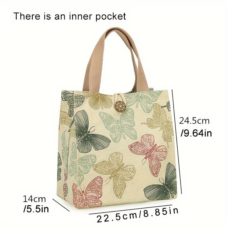 Canvas Tote Lunch Bag with Butterfly Print - Perfect for School, Travel, Picnic, or Office Use