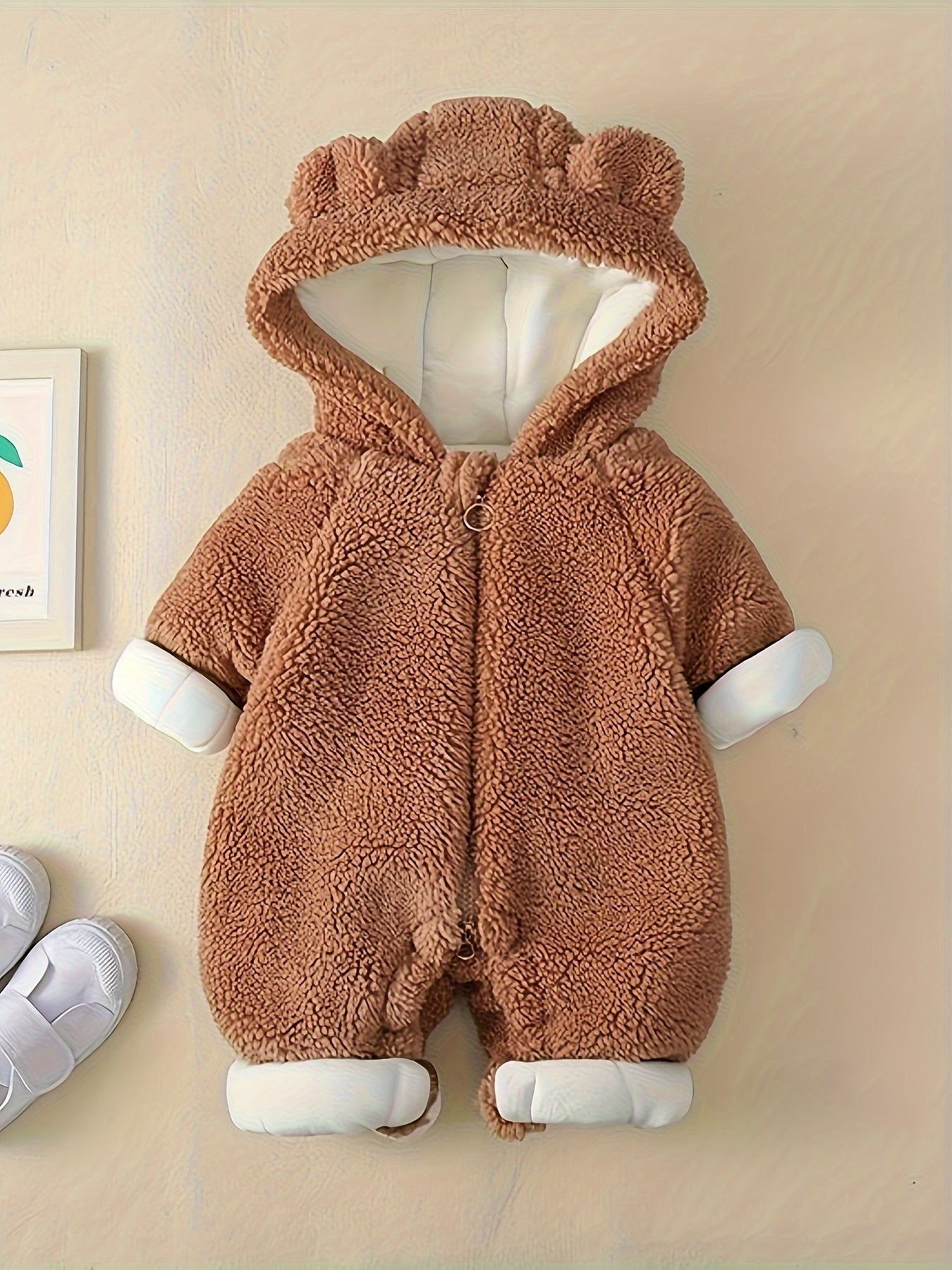 Newborn bear-themed hooded jumpsuit for babies, suitable for indoor and outdoor wear.