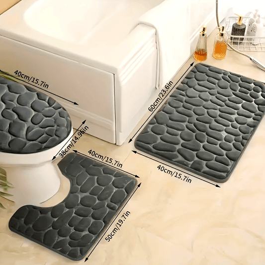 Set of 3 Coral Fleece Bath Rugs with Soft Absorbent Non-Slip Bathroom Mats, featuring a Solid Pebble Design and Low Pile. Each rug is Machine Washable and has PVC Backing, perfect for Oblong Bath Mats measuring 20x60cm.