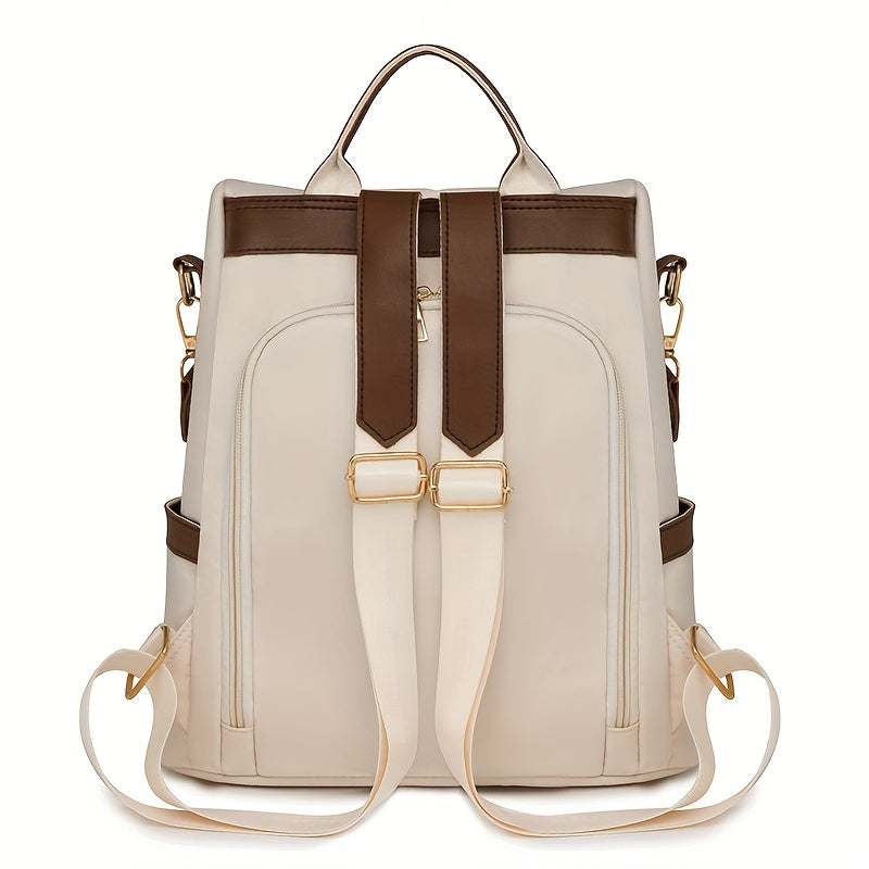 Stylish women's anti-theft backpack purse in white & brown with adjustable straps, large capacity, and golden-toned hardware, perfect for travel.