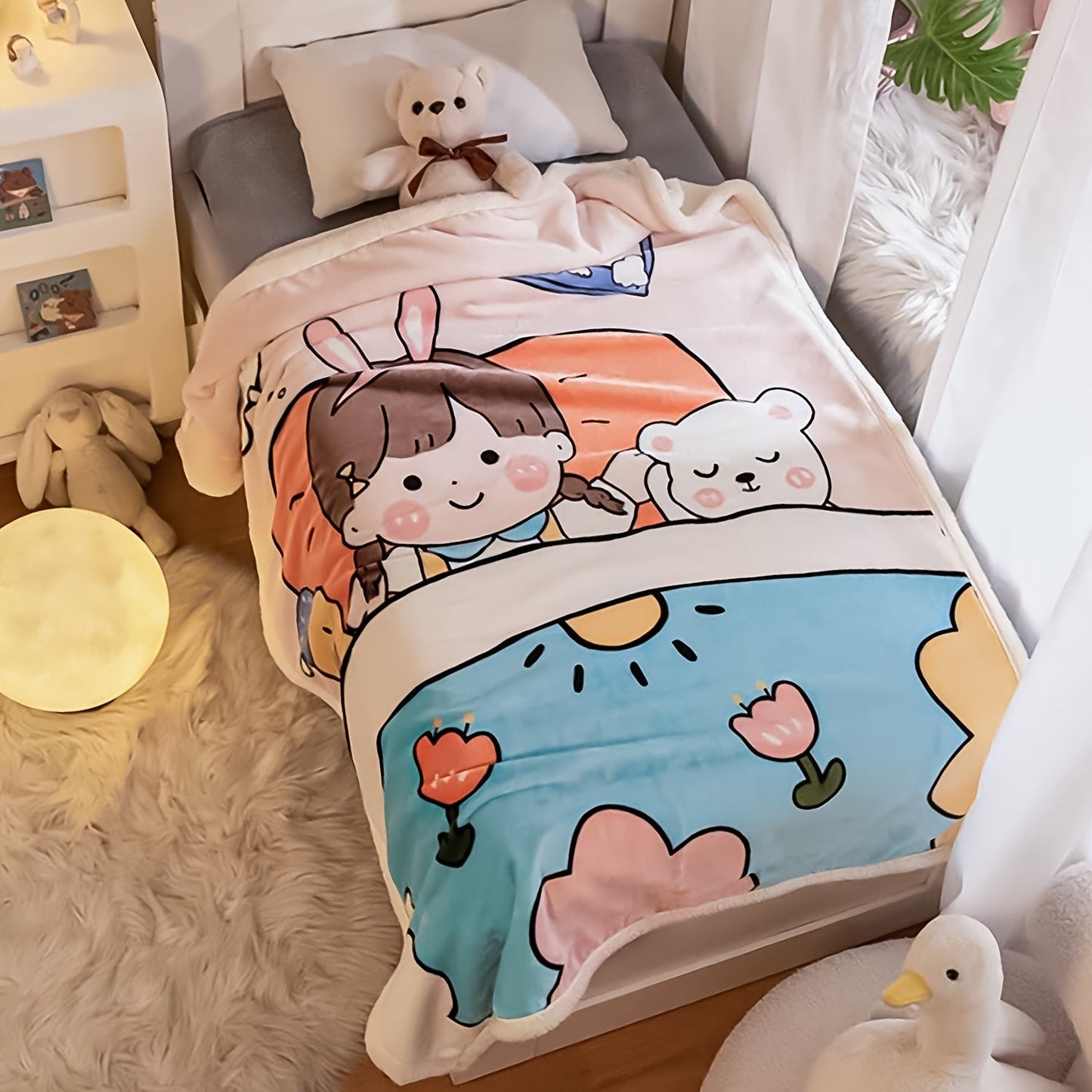 Soft and cuddly cartoon animal plush blanket for young children, great for naps and snuggles. Suitable for kids aged 0-3 years, perfect for strollers and beds. Made of cozy flannel material.