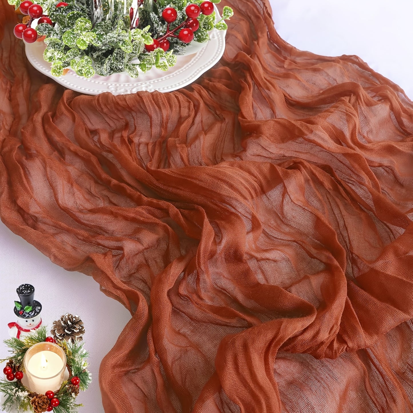 Elegant rust-colored cheesecloth table runner for spring, holidays, weddings - farmhouse chic design.