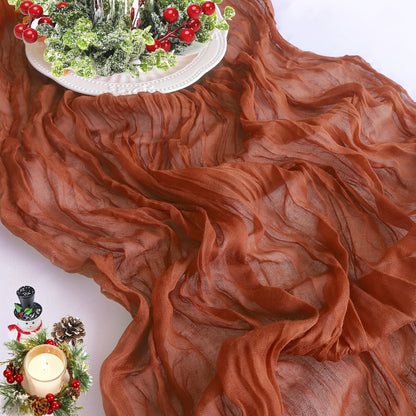 Elegant rust-colored cheesecloth table runner for spring, holidays, weddings - farmhouse chic design.