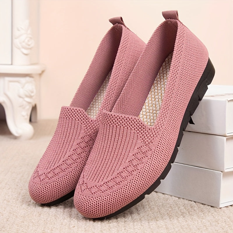 Beige & Green Breathable Knit Loafers - Slip-Resistant, Comfortable Flats with Soft PVC Sole for All-Day Wear