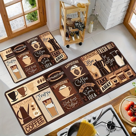 Vintage Coffee-Themed Non-Slip Kitchen Rug Set of 3, Machine Washable Polyester Mats, Waterproof Floor Mats - Perfect Christmas Gift for Home, Office, Laundry Room