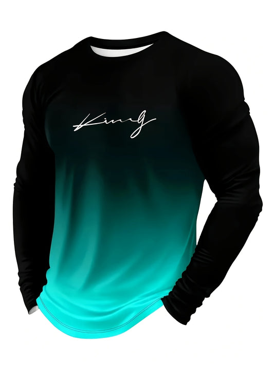 Men's Long Sleeve T-Shirt with Gradient Color, Polyester Material, Round Neck, Machine Washable, Letter Print Design