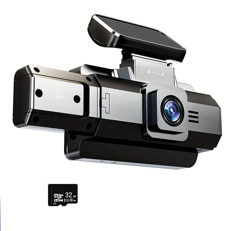 Car dash cam with dual lens recording, 360-degree rotation, and parking surveillance