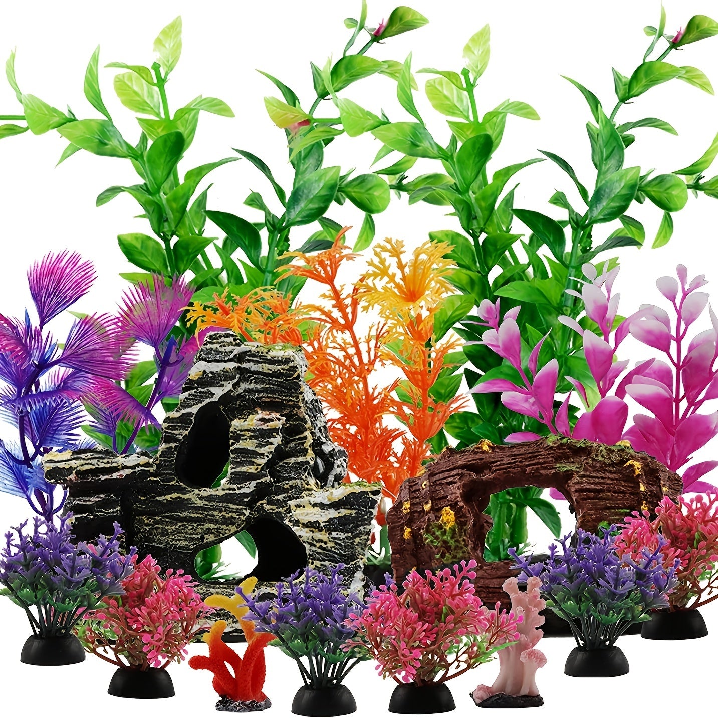 15pcs Fish Tank Decorations including resin broken barrel, cave rock view, and plastic plants