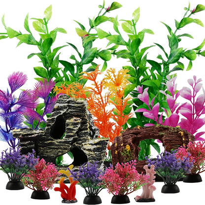 15pcs Fish Tank Decorations including resin broken barrel, cave rock view, and plastic plants