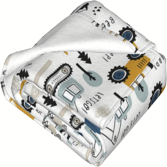 Contemporary Cartoon Construction Vehicles Flannel Blanket - Soft, Cozy, Lightweight Polyester Fleece for Bed, Couch, or Travel - All-Season Multipurpose Knitted Throw with Vivid Digital Print - 200-250gsm.