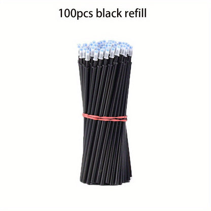 Set of 100 erasable gel pen refills, 0.5mm tip size, in blue/black ink, ideal for school writing.