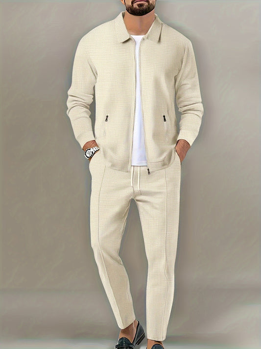 Men's beige waffle knit tracksuit set. Includes full-zip jacket and jogging pants. Made from polyester/spandex blend, machine washable. Perfect for gym and outdoor activities.