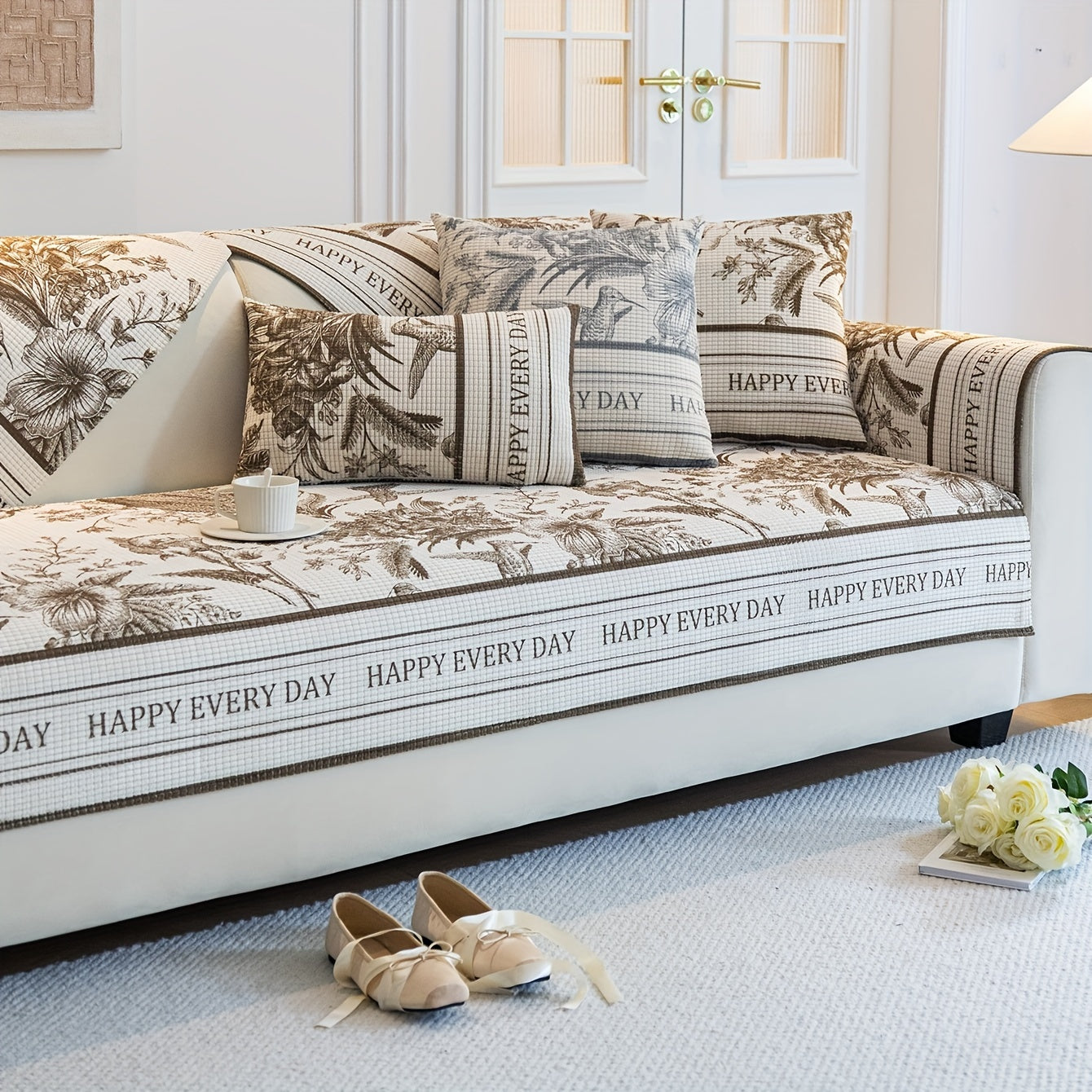 French vintage sofa cover with pet-friendly, machine washable, short plush jacquard design suitable for all seasons.