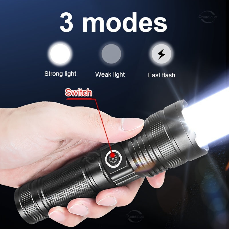 30W LED Tactical Flashlight with USB Rechargeable & Waterproof Aluminum Alloy, Long-Range Zoom, Built-in 2600mAh Battery