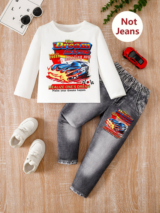 Boy's 2-piece race car pattern set for casual and outdoor wear in spring and fall, featuring long sleeve top and pants.