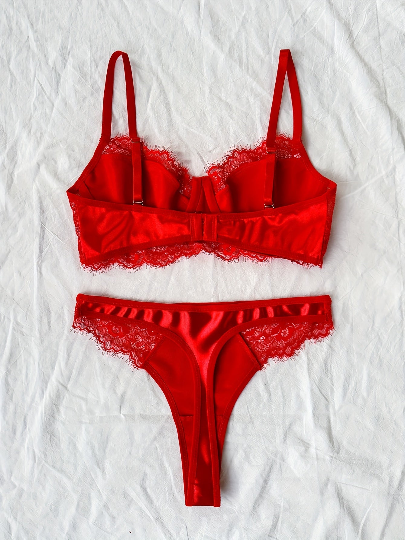 Valentine's Day Set: Women's Eyelash Lace Satin Longline Underwire Bra and Thong