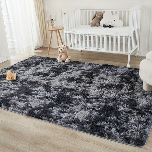 Luxurious Scandinavian-Style Black Tie-Dye Rug with Fluffy Soft Polyester, Stain-Resistant Non-Slip Carpet for Living Room, Bedroom, or Office. Perfect for All Holidays, this Machine-Made Indoor Mat adds a touch of elegance to any space.