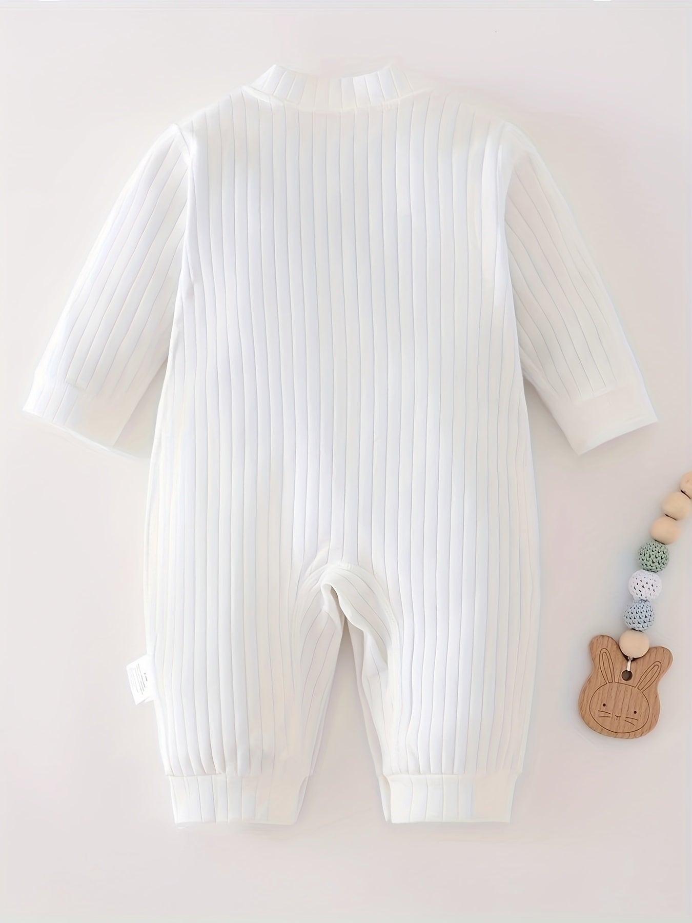 Cute Teddy Bear Cotton Romper with long sleeves and front button closure, suitable for all seasons, ideal for outdoor wear.