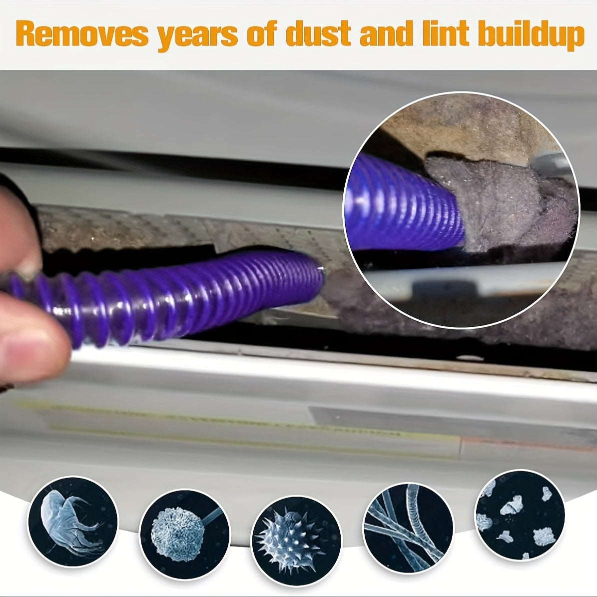 Efficiently clean dryer lint and vents with our Universal Dryer Vent Cleaning Kit. This kit includes 2 pieces made of PET & ABS material, compatible with various dryer models including V15, V12, V11, V10, V8, V7, and V6. The kit also comes with a vacuum