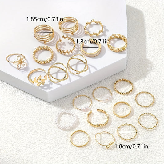 22-piece vintage punk style stackable rings set with faux pearl inlays, perfect for daily wear, parties, or casual vacation. Ideal gift for women, made of zinc alloy with a heart theme