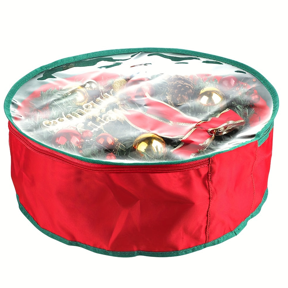 This Christmas wreath storage bag is made of polyester and designed for holiday garlands. It is tear-resistant and features heavy-duty handles, a transparent card slot, and a capacity of less than 3.2 cubic feet. The bag is under 68.58cm in height