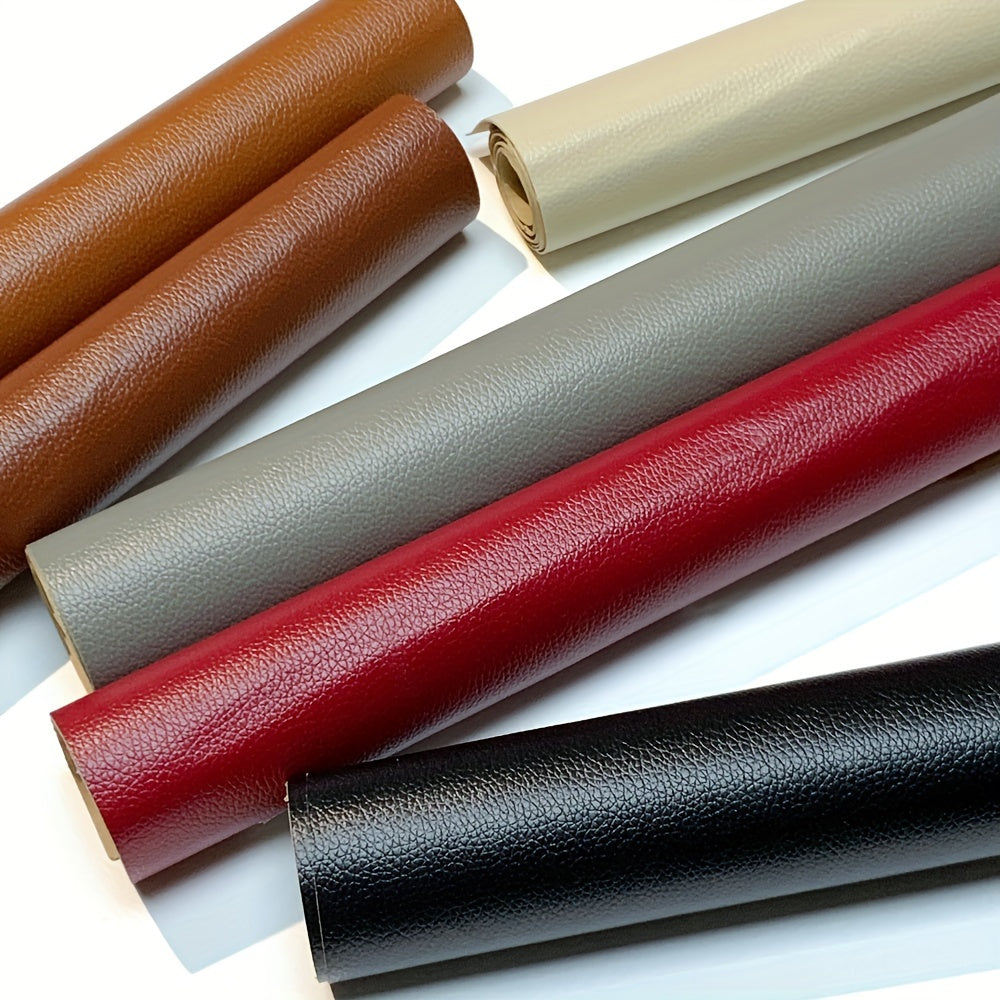 Self-adhesive leather repair film in a roll, suitable for repairing sofas, car seats, motorcycle seats, and interior door refurbishment. Waterproof litchi grain faux leather film that is fade and peeling resistant.