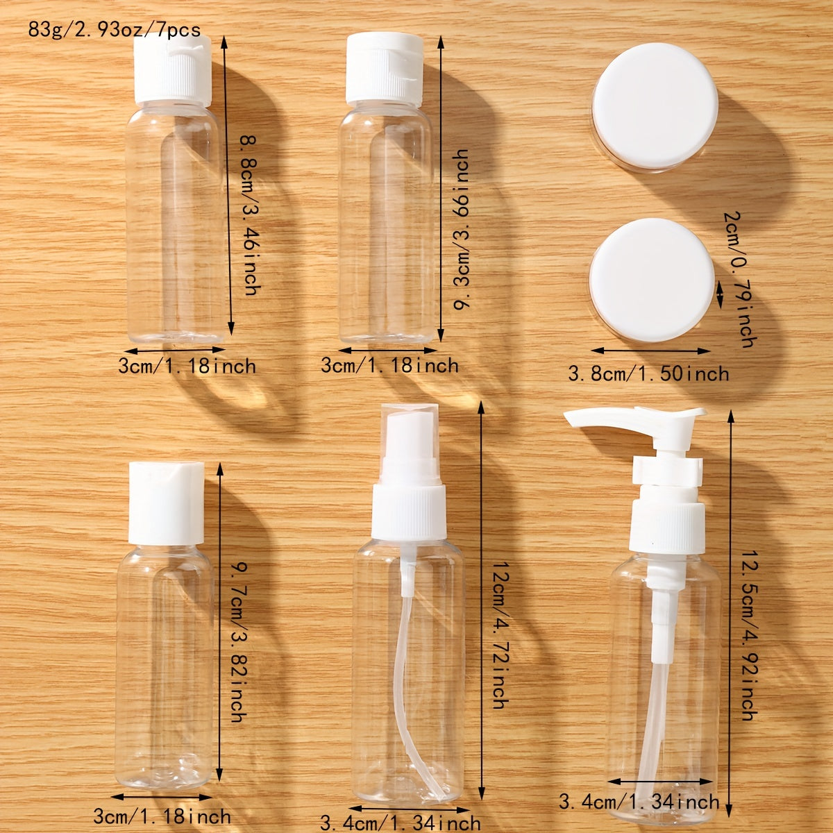 7-piece travel bottles for toiletries, refillable, perfect for shampoo, conditioner, lotion, soap, and body wash.