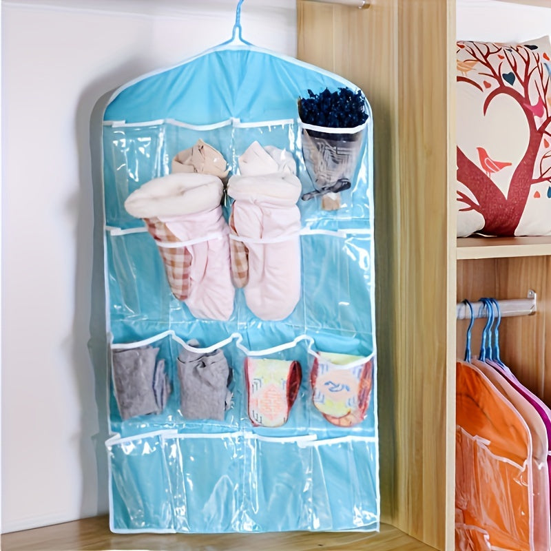 16-pocket hanging organizer made of durable polyester with transparent mesh pockets for clothes, socks, and underwear. Space-saving solution for bedroom, closet, or dorm organization.