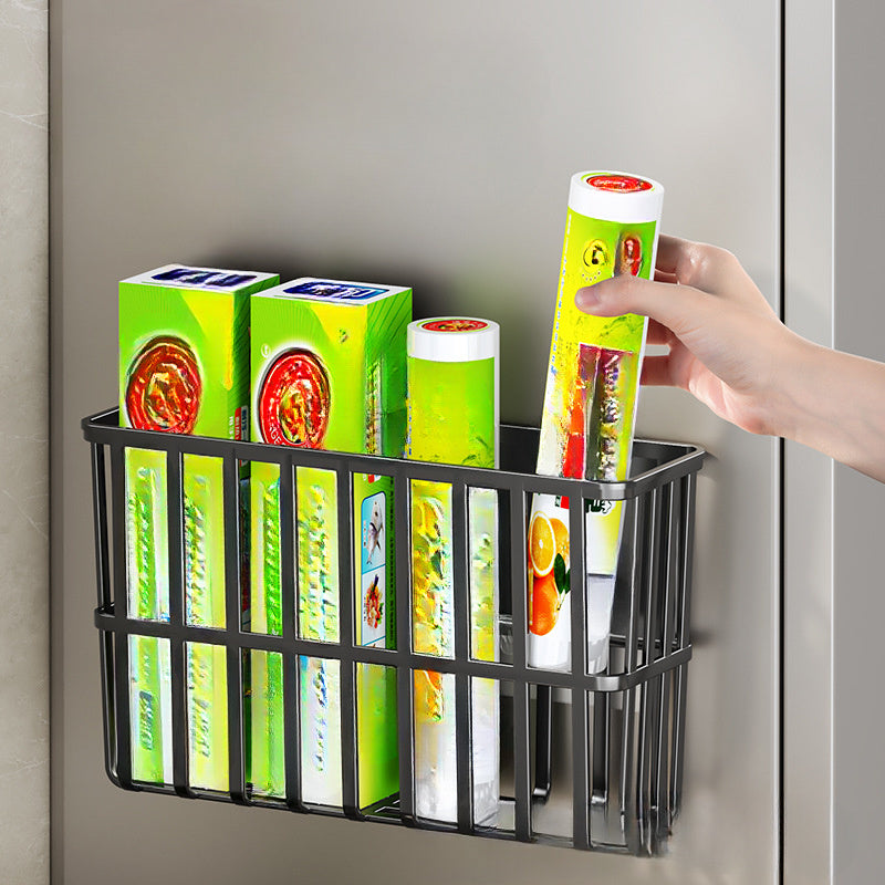 This multifunctional plastic storage rack features a wall-mounted design with side hooks for organizing spices, umbrellas, books, and sundries. It is suitable for use in the kitchen, on the refrigerator, washing machine, or refrigerator shelf, and can be